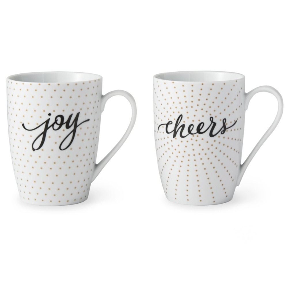 NWT Prima Design Joy & Cheers Gold-Dot Porcelain Mug Set. Brand New in Box!